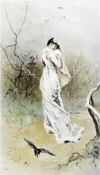 Mulher na floresta - alegoria do início do inverno, calendário ilustrado por Hubert Dys, pintado por F.H. Kaemmerer