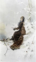 A mulher na neve: Alegoria do Inverno, Calendário ilustrado por Hubert Dys, pintado por F.H. Kaemmerer