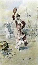 Mulher à beira-mar - alegoria do início da primavera, calendário ilustrado por Hubert Dys, pintado por F.H. Kaemmerer