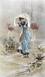Mulher a proteger-se da chuva - alegoria do início do Outono, calendário ilustrado por Hubert Dys, pintado por F.H. Kaemmerer