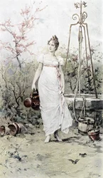 Mulher que regressa de um poço - alegoria da Primavera, calendário ilustrado por Hubert Dys, pintado por F.H. Kaemmerer