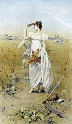 Mulher com trigo e papoilas - alegoria do final do verão, calendário ilustrado por Hubert Dys, pintado por F.H. Kaemmerer