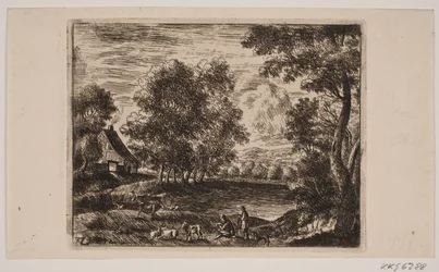 Paisagem. Em primeiro plano cabras e pastores