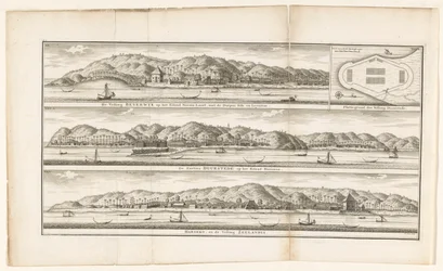 Três fortalezas nas Molucas A Fortaleza de Beverwyk na Ilha de Noesa-Laoet, com as Aldeias de Sila e Leynitoe / Mapa da Fortaleza Duurstede / As Fortalezas Duurstede na Ilha de Honimoa / Haroeko, e a Fortaleza Zeelandia (título no objeto)