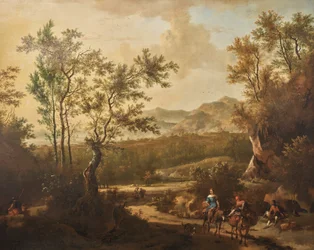 Uma paisagem italiana com cavaleiros numa estrada rural