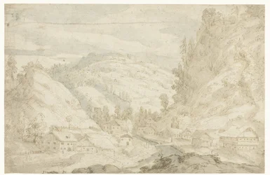 Vista de um vale com uma aldeia e um riacho de montanha Sketchbook (título da série)