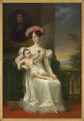 Josefina de Leuchtenberg, rainha da Suécia e da Noruega, com o filho Carlos XV nos braços, sentada diante de um retrato do rei Óscar I, Retrato de Josefina de Leuchtenberg (1807-1876), rainha da Suécia e da Noruega, por Fredric Westin (1782-1862)