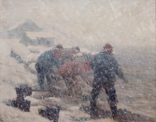 Pescadores puxam a rede numa tempestade de neve (óleo sobre tela)