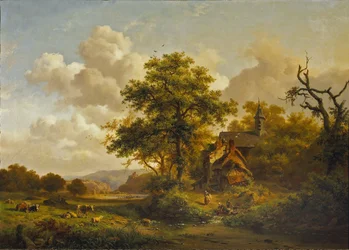 Uma paisagem tranquila com mulheres a lavarem-se junto a um riacho e gado e ovelhas a descansarem
