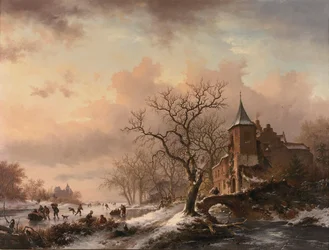 Castelo numa paisagem de inverno e patinadores num rio gelado