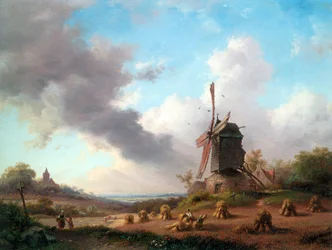 Paisagem de verão com Agricultores em Colheita