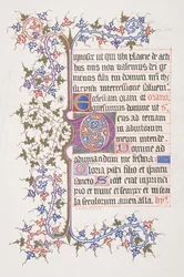 Folha iluminada com inicial E recto, verso em Vine Border, 1830-62.