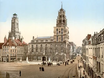 Coloque dArmes em Calais com Tour de Guet no fundo, 1890-1900