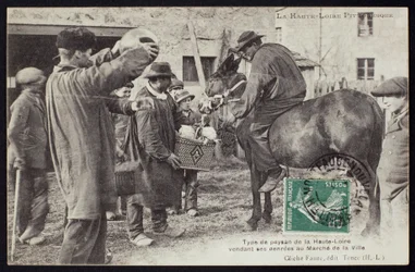 Postal retratando um agricultor no Haute-Loire vendendo comida no mercado, c.1900