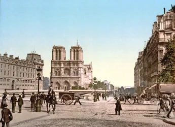 Fachada ocidental de Notre Dame e St. Michel Bridge, Paris, pub. c.1900