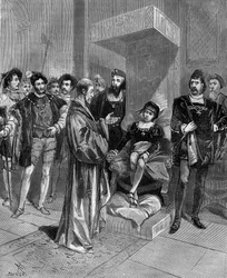 (Cardanus Hieronymus) Gerolamo Cardano (Jerome Cardan), médico, matemático e filósofo italiano (1501-1576), apresentando o horóscopo do Rei Eduardo VI da Inglaterra. em "História popular da ciência, invenções e descobertas dos primeiros séculos a