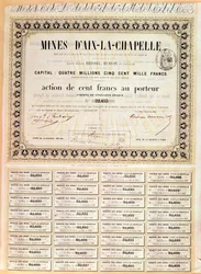 100 francos de ações ao portador das minas de Aachen, 1856