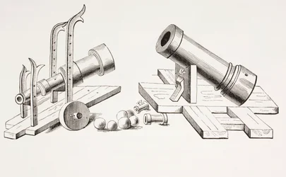Canhões do século 15, com transporte de armas fixo (à direita) e transporte de armas (à esquerda) de Les Arts à Moyen Age, publicado em 1873