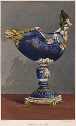 Copa em forma de gôndola do século XVI incrustada com lápis-lazúli, montada em dourado esmaltado e prateado, ilustração do Dictionnaire de lameublement et de la decoration de Henry Havard, volume 2, placa