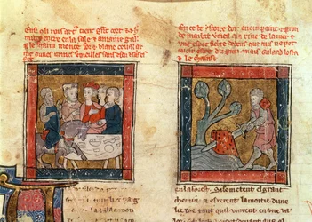 184 Fr.110 f.405 Galahad chega a Artur e Galahad tira a espada da pedra flutuante no rio em Camelot, c.1250-80 (ver também 150479)