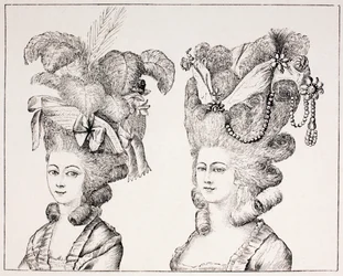 Meninas francesas do século XVIII que vestem estilos e chapéus extravagantes do cabelo, 1875
