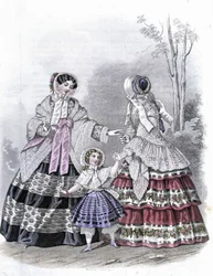 2 mulheres na moda com uma garota em passeio - no "Journal des Demoiselles" 1852.