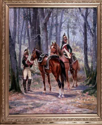 2 cavaleiros do 8º Dragão, escolhidos como batedores, pintura 65 x 58 cm, óleo sobre tela de De Villeneuve, pintor militar do final do século XIX.