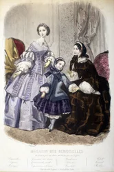 2 mulheres e uma rapariga: Moda - em "Magasin des damoiselles". sd. circa 1850.