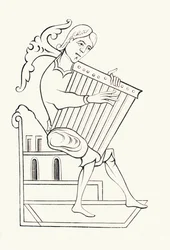 Um músico do século IX tocando um instrumento musical conhecido como psalterium, de &39;Les Arts au Moyen Age&39;, publicado em 1873 (lito)