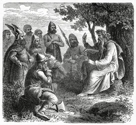 Um bardo recitando a Northmen, c.1882 (gravura em madeira)