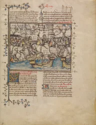 Uma Batalha da Guerra de Tróia, c.1390-1400 (tempera, lavagens e folha de ouro em pergaminho)