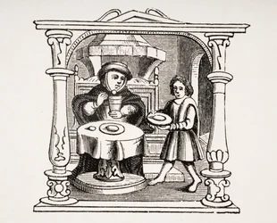 Burgess Eating Meal, após uma ilustração em um manuscrito do século XVI, de Le Moyen Age et La Renaissance, de Paul Lacroix (1806-84), publicado em 1847