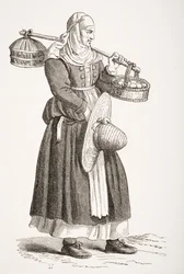 Um comerciante em ovos, depois de uma xilogravura do século XVI por Cesare Vecellio (1521-1601) de &39;Le Moyen Age et La Renaissance&39; por Paul Lacroix (1806-84) publicou 1847