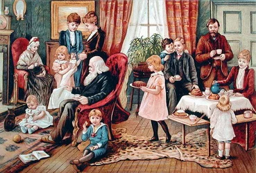 A Family Taking Tea, c.1900 (cor litho)