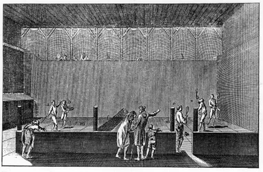 Um Jeu de Paume sob o reinado de Luís XIV, baseado numa estampa da enciclopédia de Diderot e Alembert