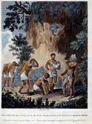Um chef Karib da ilha de São Vicente nas Índias Ocidentais com suas cinco mulheres Gravura dos Chartres do século XIX, Musee des Beaux Arts
