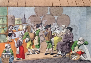Um Encontro de Artistas, Mudgrrapers e Rag Merchants, caricatura de um café popular no Palais Royal em Paris, c.1800
