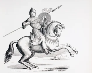 Um cavaleiro normando vestido de cota de malha e capacete com lança e escudo, 1873
