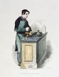 Um estudante de farmácia preparando a medicina, ilustração de Os franceses pintados por si mesmos, Edições L. Curmer, 1841 (gravura de cor)