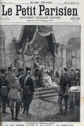 Uma Proposta de Desarmamento Geral (feita às Potências Europeias) - Czar Nicolau II (1868-1918) lendo a sua recitação aos seus conselheiros. Le Petit Parisien