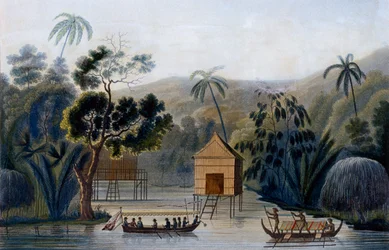 Uma casa do espírito em palafitas no porto de Offak, ilha de Waigou, em torno do mundo no Corveta Coquille pelo tenente Louis Isodore Duperrey, 1826