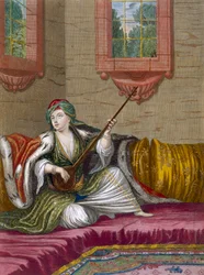 Uma menina turca jogando o Tehegour, c.1708
