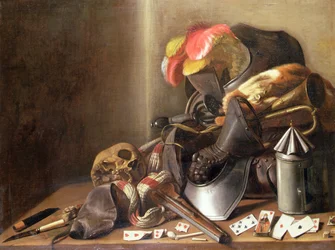 A Vanitas Still Life com uma caveira, cartas de baralho e armadura, c.1650 (óleo sobre tela)