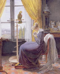 Uma mulher alimentando um papagaio em um interior, c.1820 (wc com guache sobre papel)