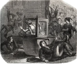 Uma banda de brincalhões impede que Marie-Therese (Marie Therese) Le Vasseur (Levasseur) (1721-1801), uma fantasia para o Carnaval, avance em sua cadeira de rodas. Ela é vítima da vingança de um desses ex-amantes. Gravura de 1871 em "Histoire Des Cocus C