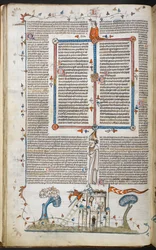 Uma cena de bas-de-página de um homem que tenta invadir um castelo, sendo morto por um dos defensores, dos Smithfield Decretals, Royal 10 E. IV, f.18v