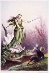 Um rapaz em frente de uma mulher montada num tanque conduzido por 2 crocodilos - in "Viagem ao fundo do mar" de H. de la Blanchère. Paris, ed. Jouvet et Cie, sd. 1880.