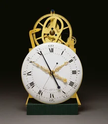 Uma visão aproximada do mostrador e do movimento de um ormolu Luís XVI e um regulador de longcase de mogno montado em bronze patinado com calendário anual e equação de tempo, c.1790