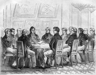 Um conciliável de delegados da burguesia no Palais Royal em Paris, sob Charles X e a Restauração. Gravura no "Histoire des Papes-Rois-Queen and Empereurs a travessa les centuries" de Maurice Lachatre