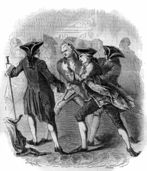 Um confronto entre "Gluckistes" e "Piccinistes", ilustrando a rivalidade entre os compositores Christoph Willibald Gluck e Niccolo Vito Piccinni. Gravura de 1856.